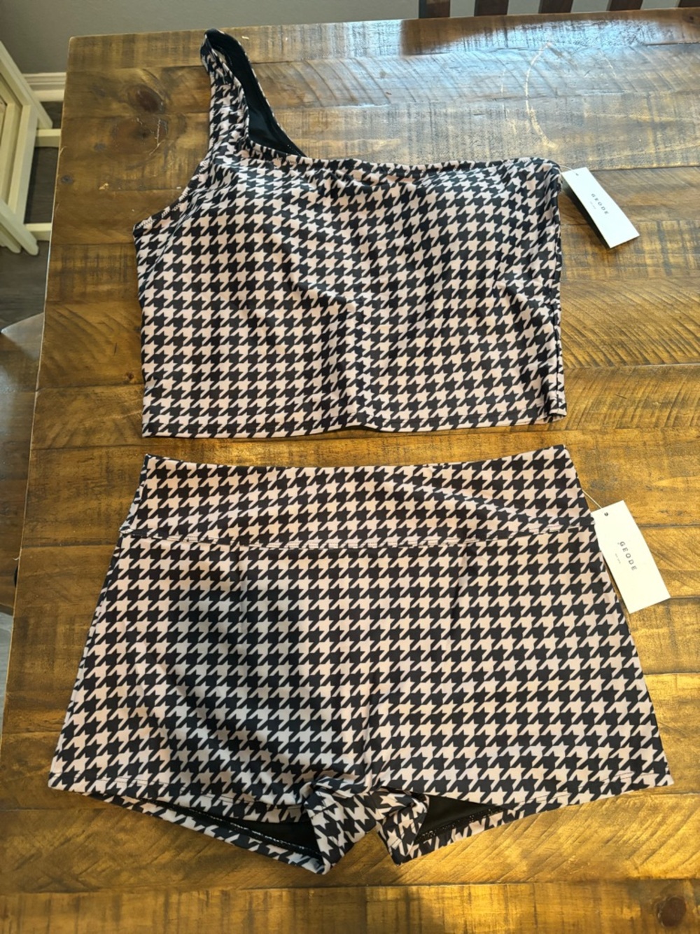 Geode Swimwear Houndstooth One-Shoulder Bikini Set - Black & Taupe